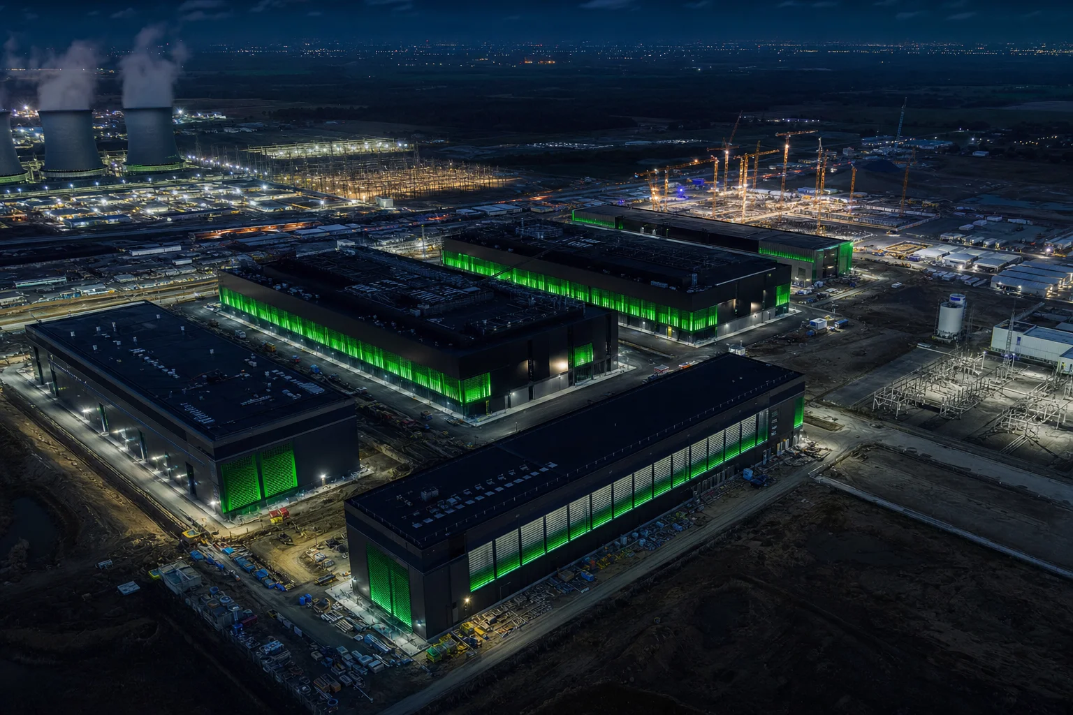 Aerial view of data center campus under construction